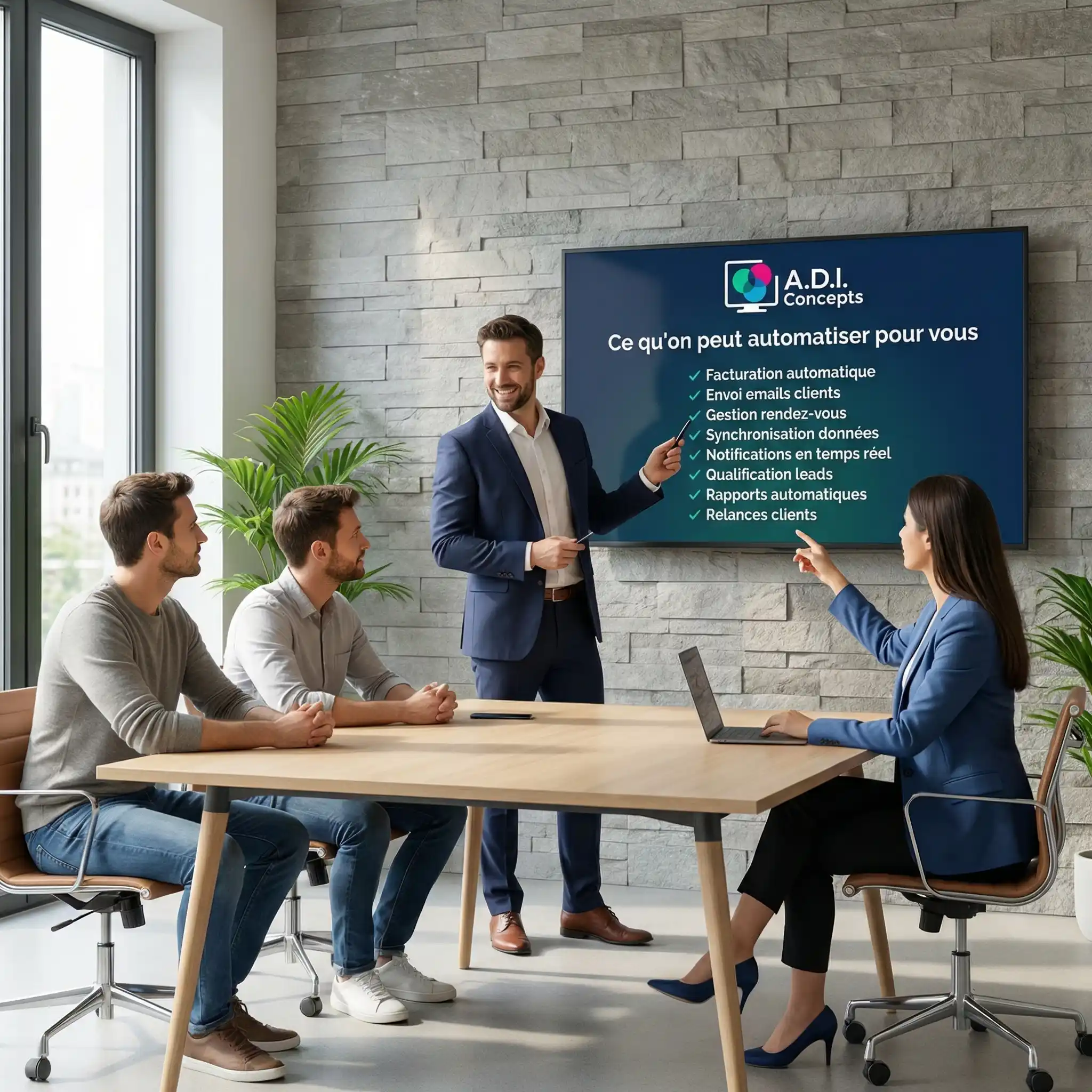 Consultant A.D.I. Concepts présentant solutions d'automatisation à deux clients en réunion professionnelle devant écran affichant liste: facturation automatique, envoi emails clients, gestion rendez-vous, synchronisation données, notifications temps réel, qualification leads, rapports automatiques, relances clients.