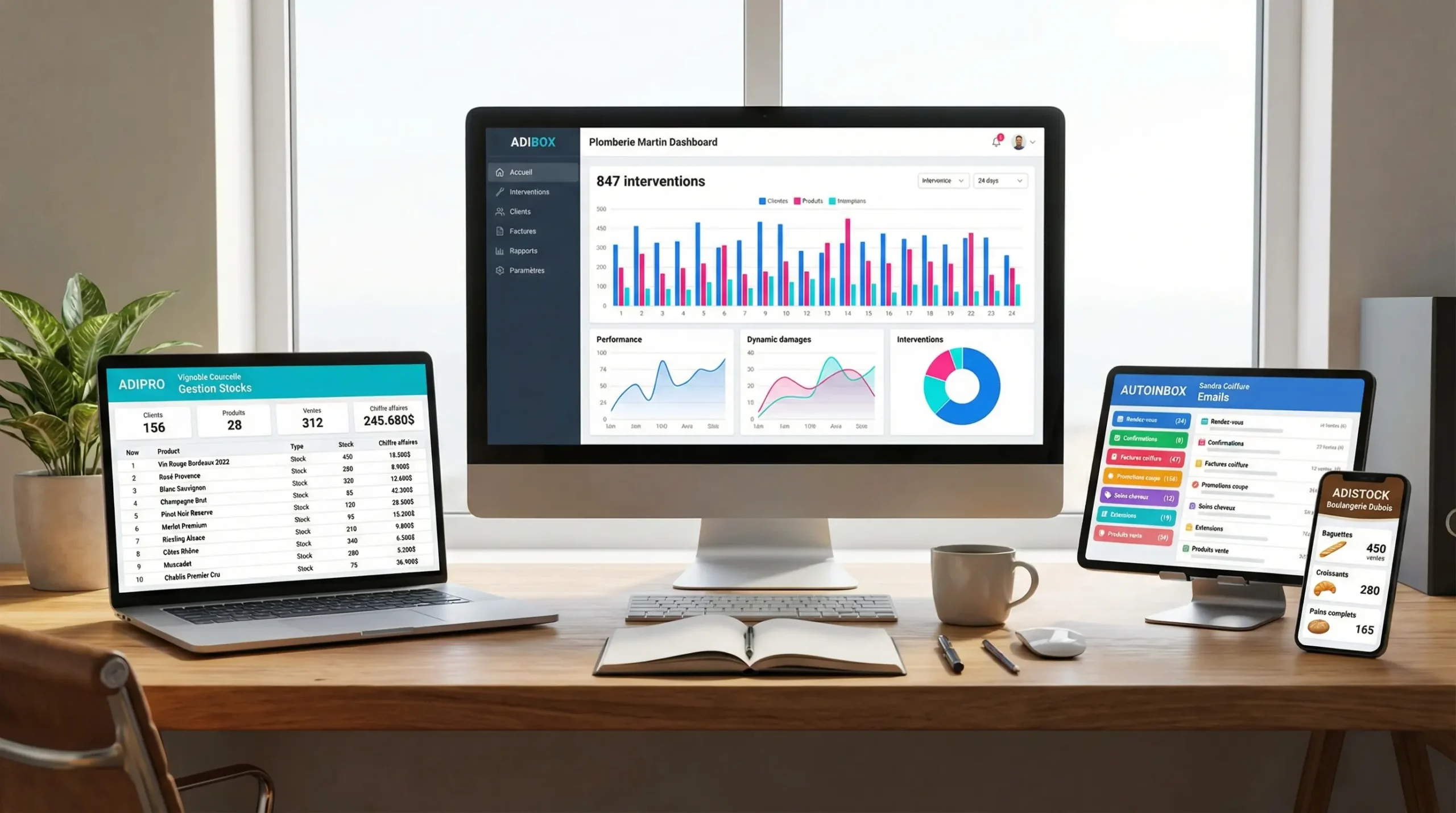 alternatifWorkspace professionnel montrant les tableaux de bord des applications A.D.I. Concepts sur plusieurs écrans - ADIBox, ADIPro, AutoInbox et AdiStock
