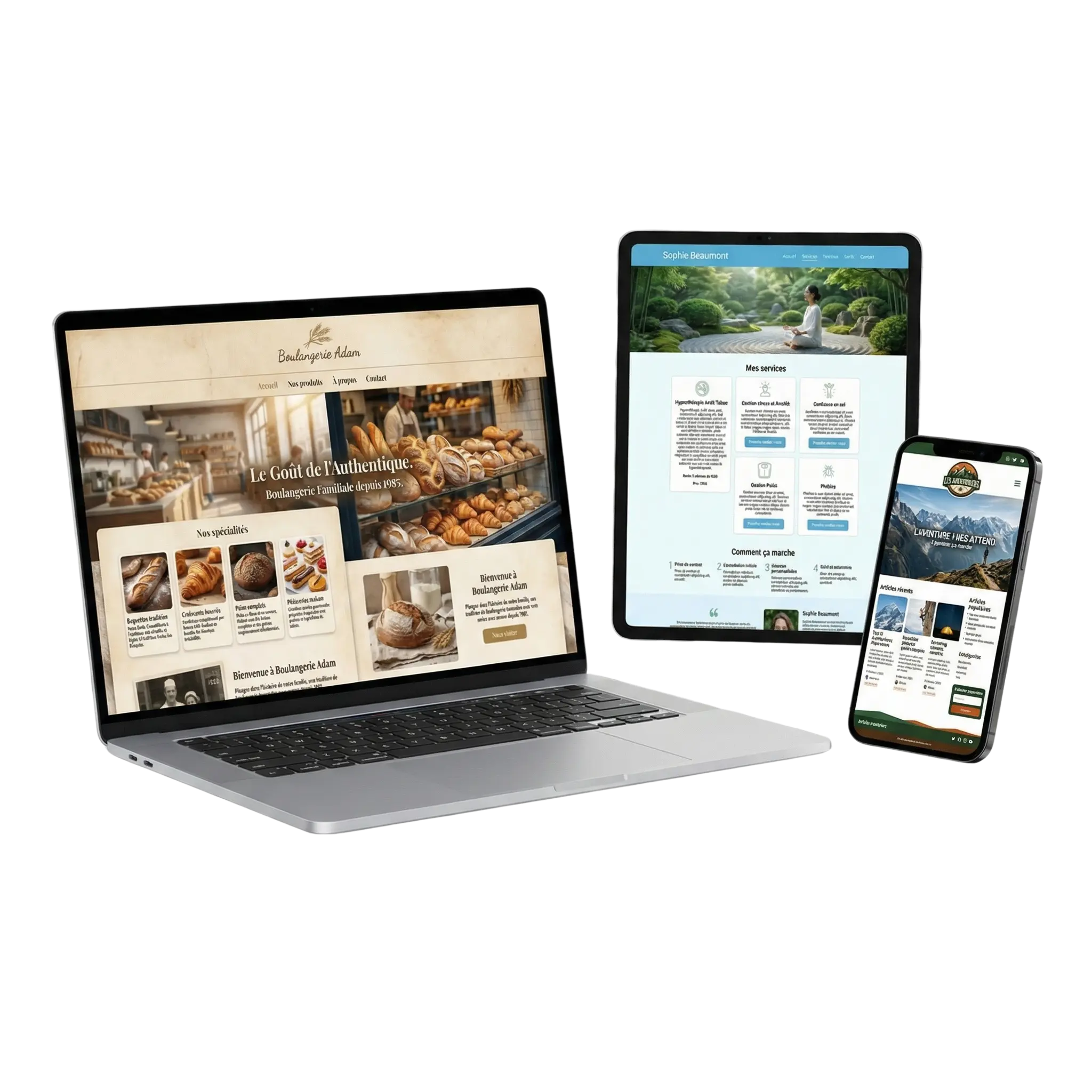 Trois appareils affichant sites web responsifs créés par A.D.I. Concepts: ordinateur portable Boulangerie Adam avec design boulangerie artisanale, tablette Sophie Beaumont hypnothérapeute avec services et méditation, smartphone Les Aventuriers blog plein air avec articles randonnée. Démonstration conception web responsive et adaptée mobile.