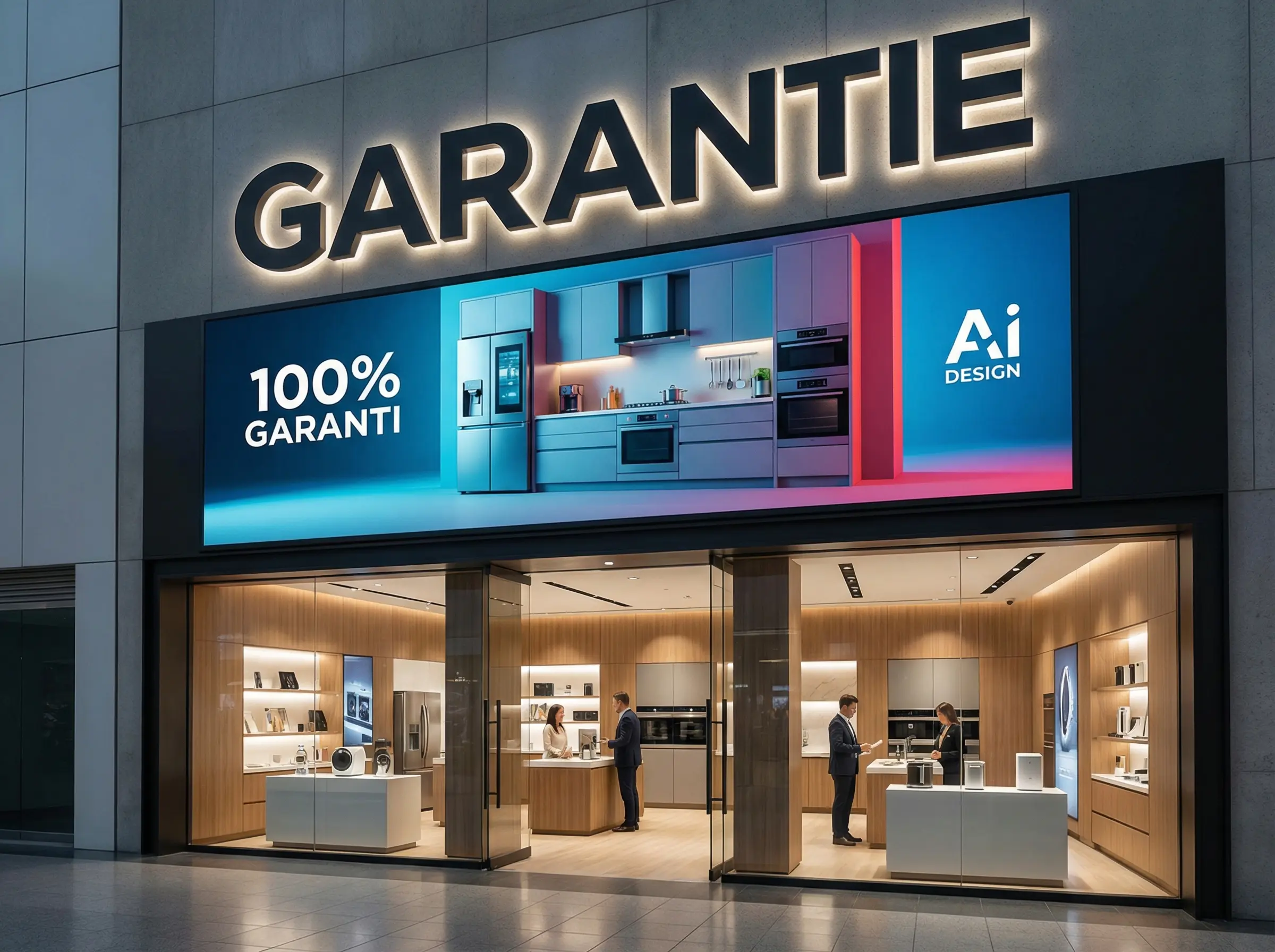 Devanture magasin électroménagers avec grande affiche LED "GARANTIE" créée par IA.<br />
Affiche IA design "100% GARANTI" affichant électroménagers premium (réfrigérateur,<br />
four, cuisinière) avec dégradés turquoise et rose. Logo "AI DESIGN" visible.<br />
Vitrine magasin chic moderne bien éclairée avec produits exposés.