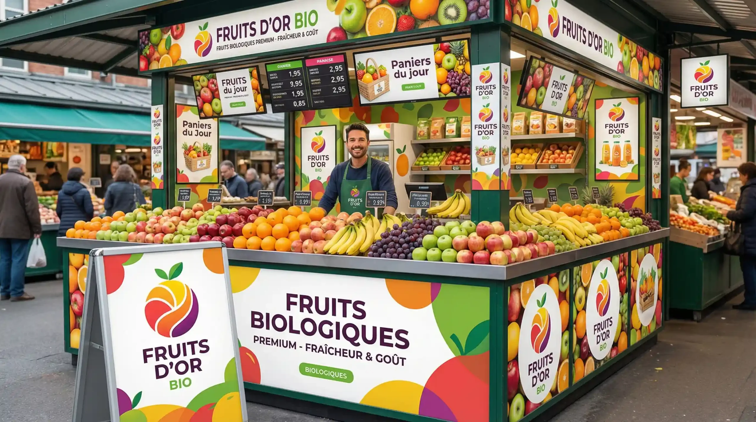 Kiosque marché "Fruits d'Or Bio" avec branding complet créé par IA.<br />
Fruits frais affichés (oranges, pommes, raisins, bananes). Panneaux,<br />
affiches, logos répétés partout. Logo Fruits d'Or coloré. Vendeur<br />
souriant derrière comptoir. Clients marché arrière-plan. Affichage<br />
prix, paniers produits, visuels cohérents IA.