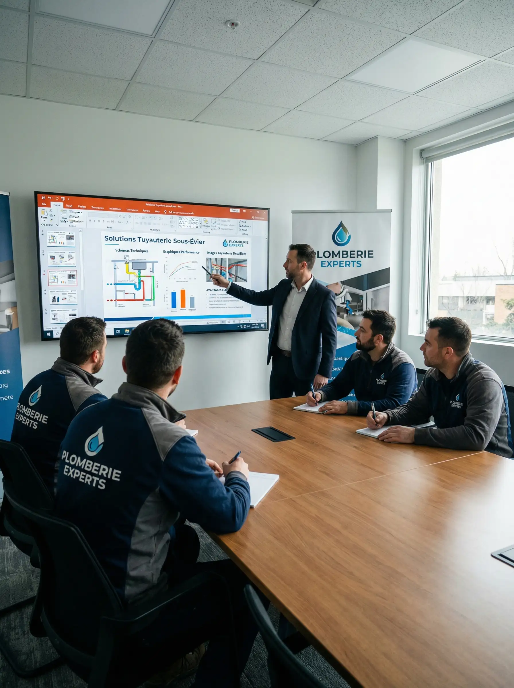 Réunion professionnelle plomberie : consultant A.D.I. Concepts présentant<br />
PowerPoint "Solutions Tuyauterie Sous-Évier" à 4 ouvriers plombiers.<br />
Présentation sur écran affichant schémas techniques, graphiques et solutions<br />
tuyauterie. Logo Plomberie Experts visible. Bureau professionnel moderne.